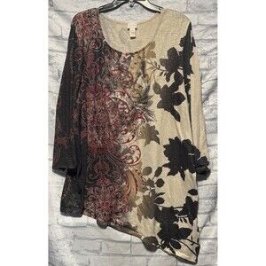 Chicos Blouse Womens 4 Red White Black Brown Cream Asymmetrical Glitter Floral